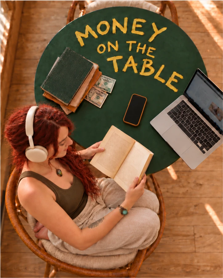 Overhead view of a green cafe table. Painted across the table in gold letters: MONEY ON THE TABLE. A woman in headphones reads a book beside a notebook, a phone, cash, and an open laptop.